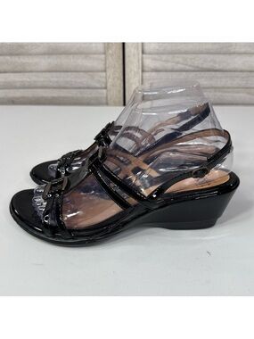 SOFFT Women's T-Strap Patent Leather Wedge Sandal Black-8